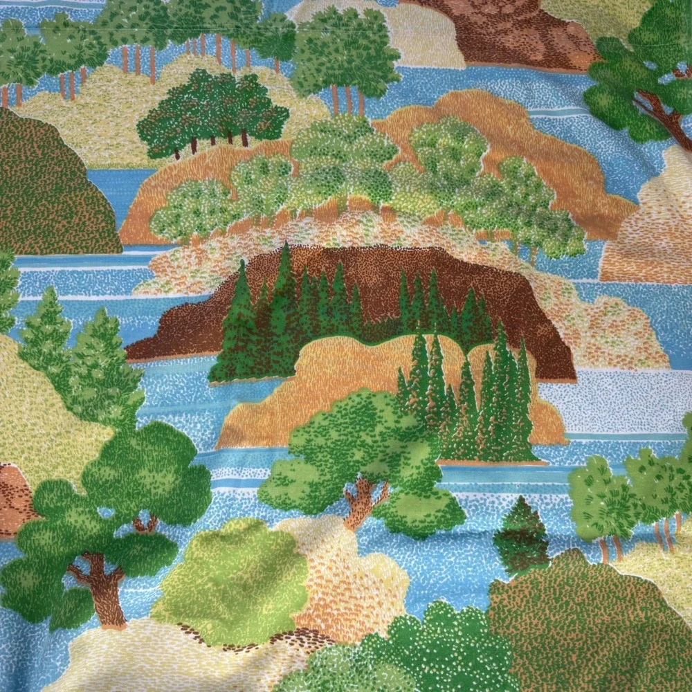 Vintage Landscape Nature Pointillism Scenic Trees River Green Blue Sheet Full